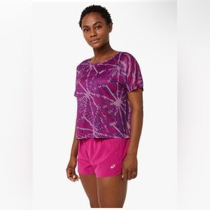 Asics Women Sakura Aop Ss Top Relaxed Fit Crop Sheer Pink Purple Running